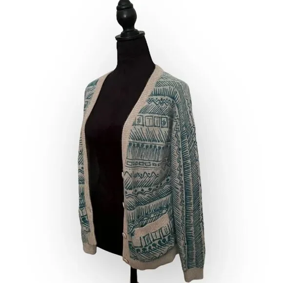 Stussy Vintage Women's Teal & Tan Angora & Wool Blend Cardigan Sweater Size M - Picture 4 of 12